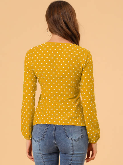 Allegra K- Tie Long Sleeve Polka Dots Blouse