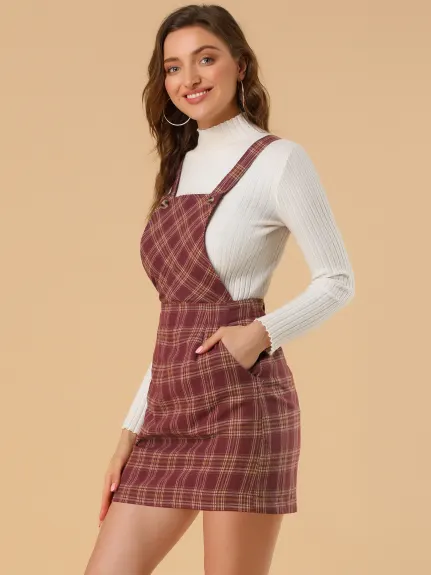Allegra K- Plaid Mini Pinafore Overall Suspender Skirt