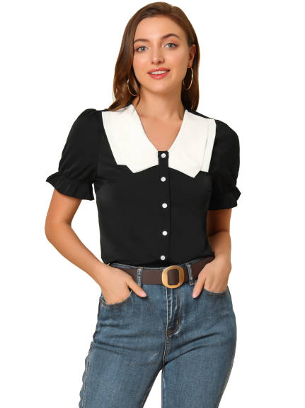 Allegra K- Contrast Butterfly Collar Summer Blouse