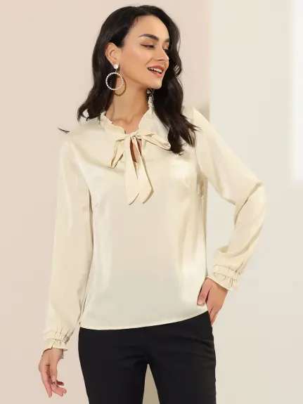 Allegra K- Satin Ruffle Tie Neck Long Sleeve Blouse