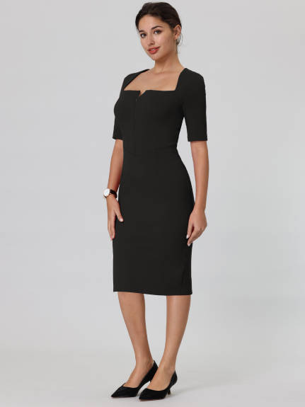 Hobemty- Square Neck Zip Up Short Sleeve Sheath Pencil Dress