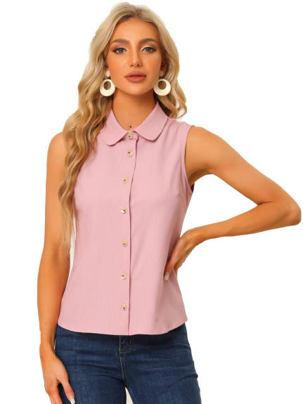 Allegra K - Chambray Button Sleeveless Collar Shirt