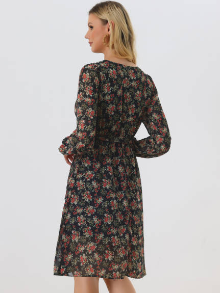 Allegra K- Floral V Neck Tie Waist Bishop Sleeve Wrap Midi Dress