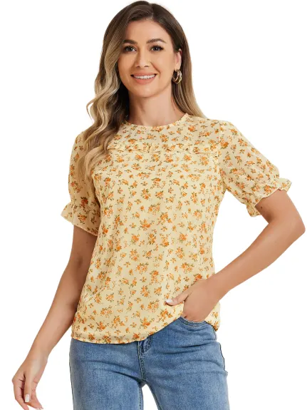 Allegra K- Chiffon Ruffled Trim Floral Blouse