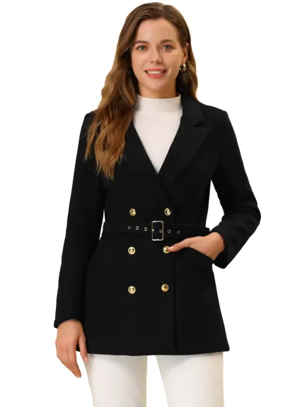 Allegra K- Notched Lapel Double Breasted Outwear Pea Coat Belted