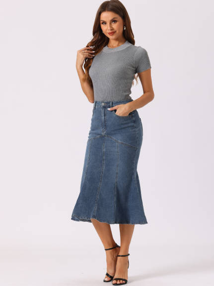 Allegra K- Washed Denim Fishtail Midi Bodycon Skirt