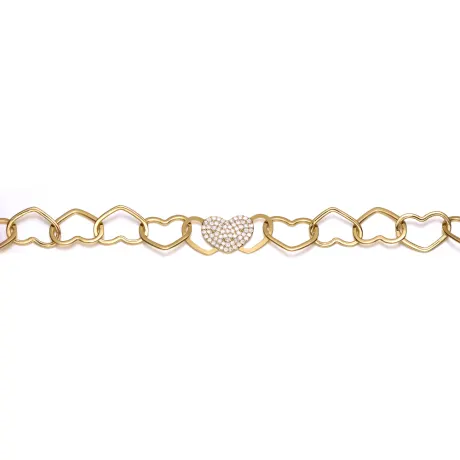 Rachel Glauber 14k Yellow Gold Plated with Cubic Zirconia Pave Heart Charm Link Chain Bracelet - Adjustable w/ Extension Chain