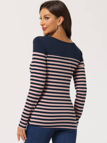 Allegra K- Color Block Long Sleeve Stripe T-Shirt