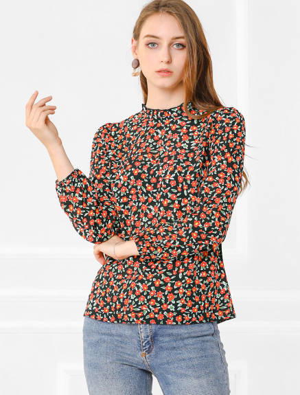 Allegra K- Stand Collared Long Sleeve Floral Top