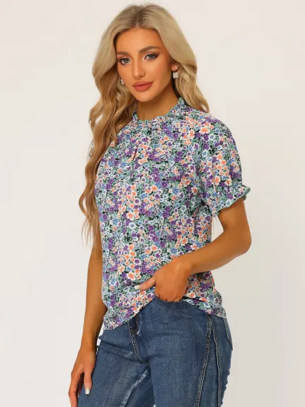 Allegra K- Blouse florale à manches courtes et col à volants