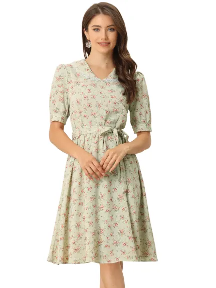 Allegra K- Vintage Peter Pan Collar Floral A-Line Dress