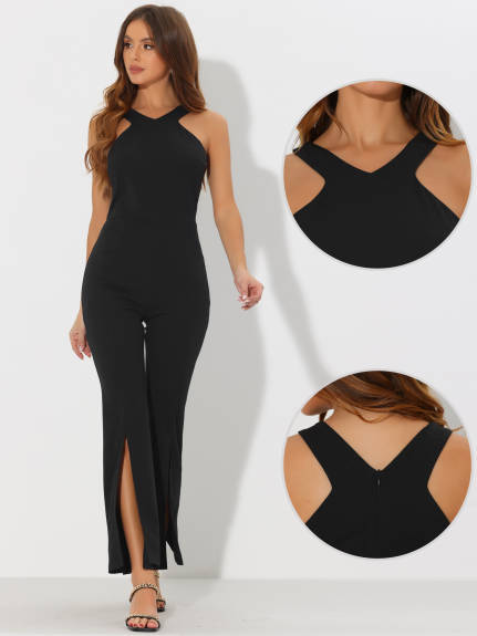 Allegra K - Slit Hem Halter Neck Elegant Jumpsuit