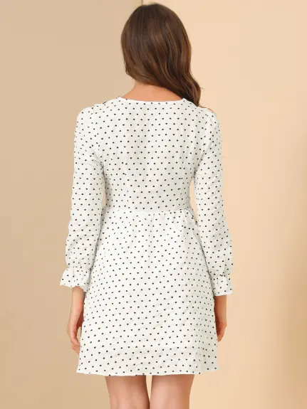 Allegra K- Puff Sleeve Heart Printed Flare Dress