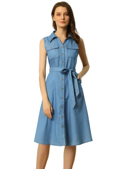 Allegra K- Belt Button Down A-Line Chambray Dress