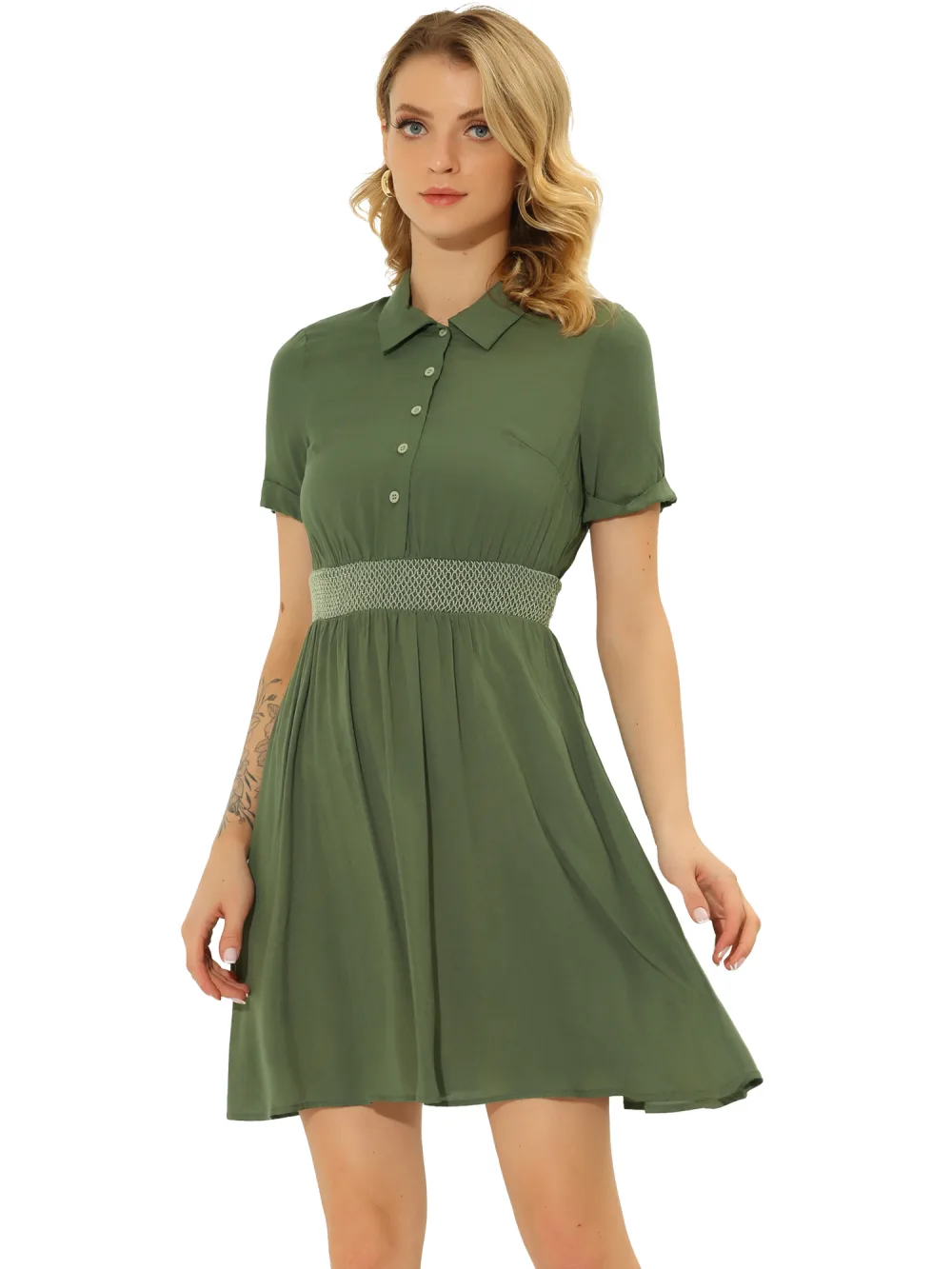 Allegra K- A-line Buttons Smocked Color Block Summer Flare Dress