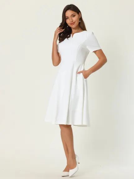 Hobemty- Split Neck Short Sleeve A-Line Dress