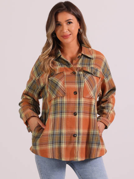 Allegra K - Casual Drop Shoulder Loose Plaid Shirt