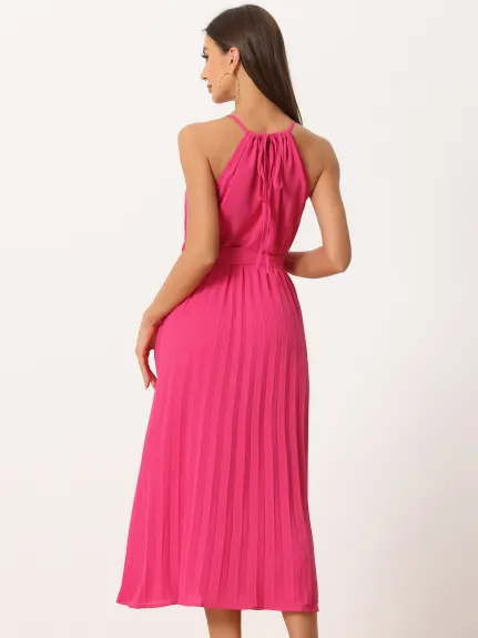 Allegra K- Halter Neck Belted Pleated Dress