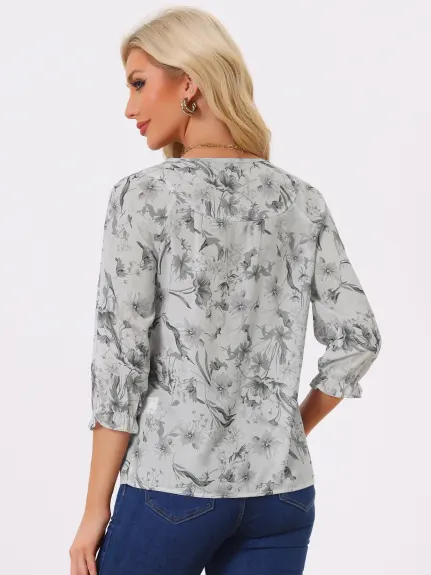 Allegra K- Tie Blouse florale à manches 3/4 et col en V