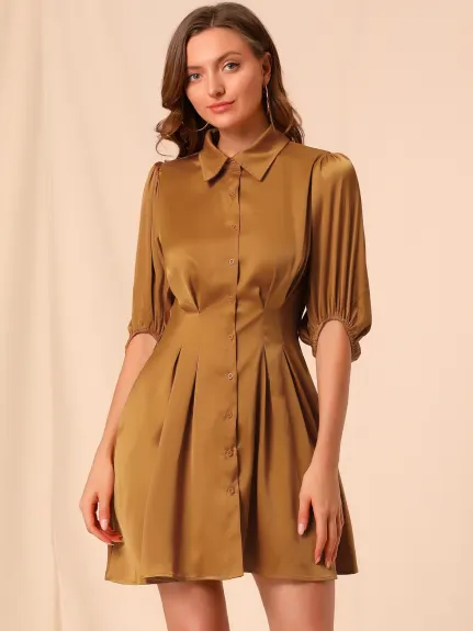 Allegra K- Pleated Waist Belted A-Line Shirt Dress