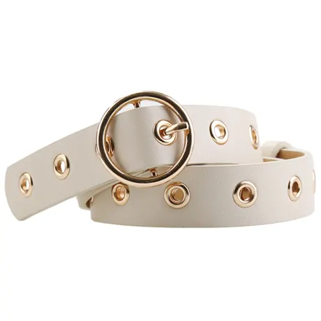 Allegra K- Studded Grommet Circle Metal Buckle Leather Belt