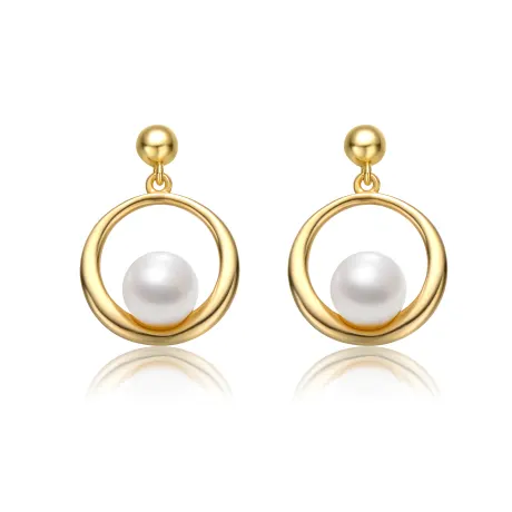 Genevive Sterling Silver 14k Yellow Gold Plated with White Pearl Eternity Circle Halo Dangle Earrings