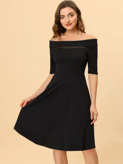 Allegra K- Off Shoulder Mesh Panel Cocktail Midi Dress