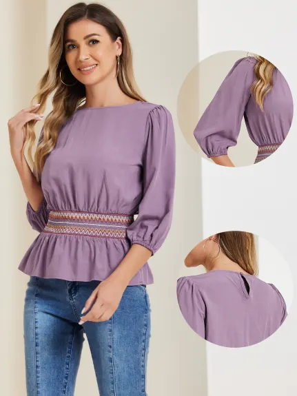 Allegra K- Blouse en Peplum manches 3/4 taille Smocked