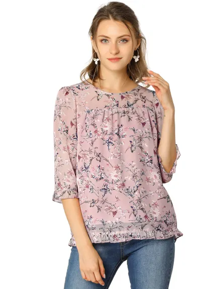 Allegra K- Floral Ruffled 3/4 Sleeve Chiffon Blouse