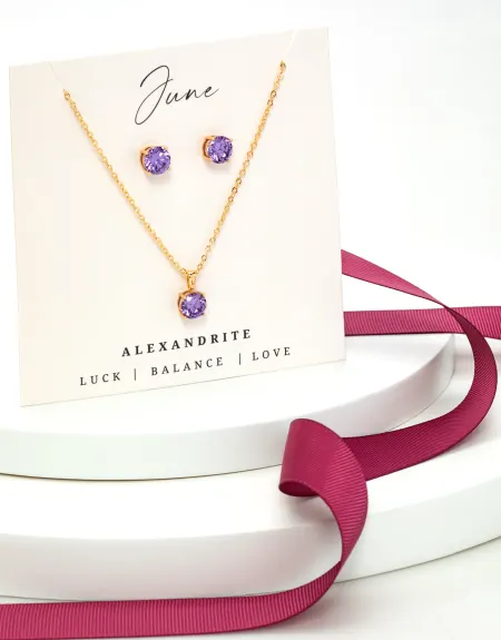 Goldtone June Alexandrite Birthstone CZ Earring & Necklace Set