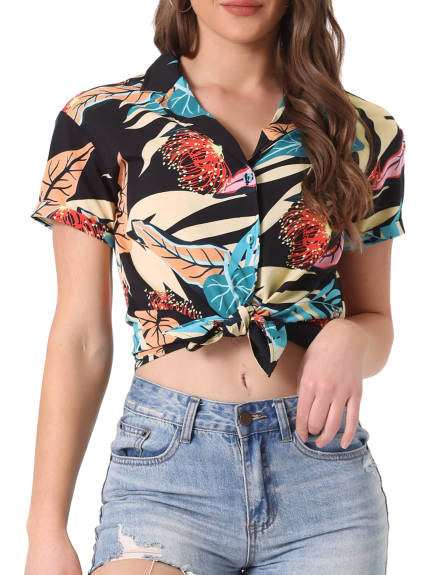 Allegra K- Beach Tropical Printed Button Down Shirt