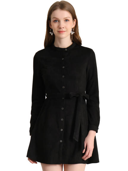 Allegra K- Long Sleeve Faux Suede Belted Button Down Dress