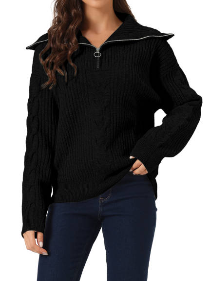 Allegra K - Long Sleeve V-Neck Zip Pullover Sweater