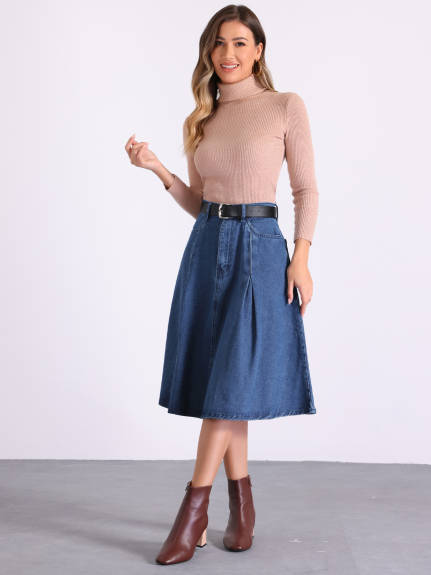 Allegra K- Pleated High Waist A-Line Denim Skirt