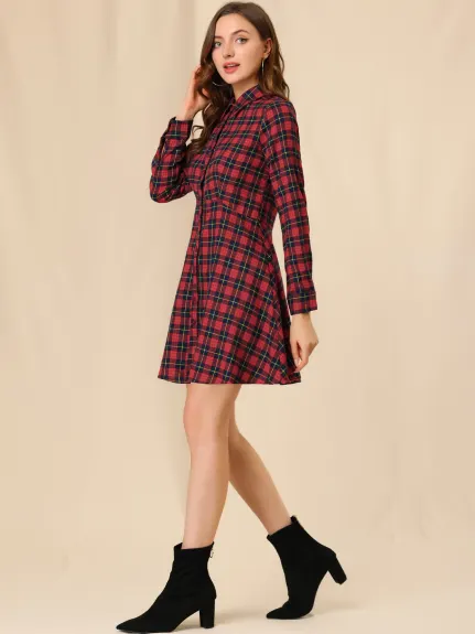 Allegra K- Plaids Cotton Fit and Flare Shirt Dress