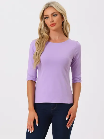 Allegra K- Casual Elbow Sleeves Round Neck Slim Fit Tee