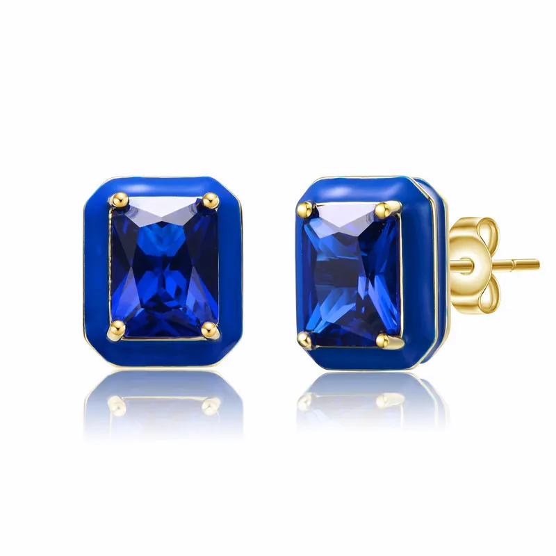 Rachel Glauber 14k Gold Plated with Sapphire Blue Cubic Zirconia Radiant Blue Enamel Halo Stud Earrings