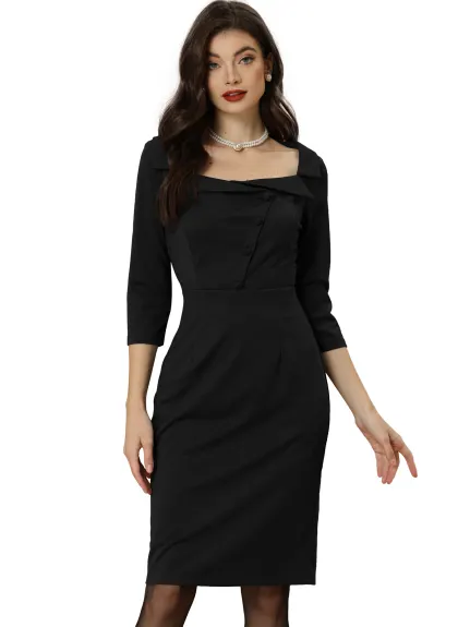 Allegra K- 3/4 Sleeve Square Neck Elegant Pencil Dress