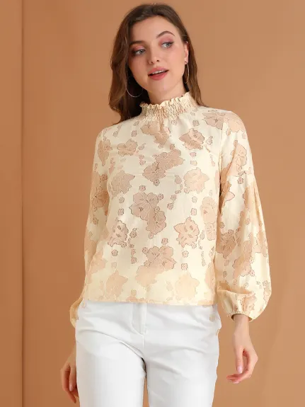 Allegra K- Blouse transparente en dentelle florale à col montant et volants