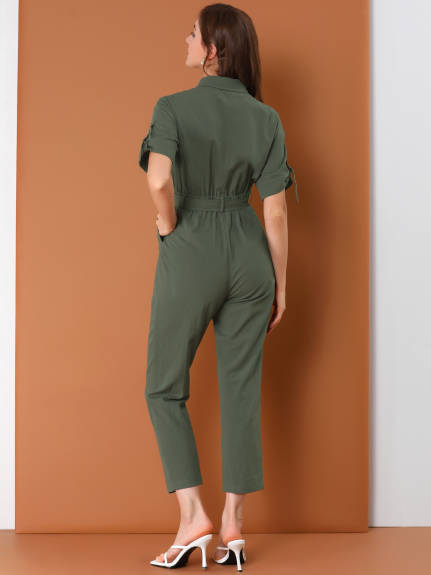 Allegra K- Turndown Collar Button up Tie Waist Cargo Jumpsuit