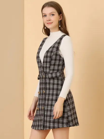 Allegra K - Elegant Button Plaid Tweed Overalls Skirt