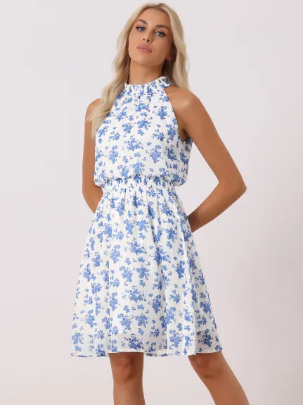 Allegra K - Halter Neck Sleeveless Smocked Floral Dress