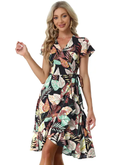 Allegra K- Midi Wrap Fit and Flare Summer Tropical Floral Dress