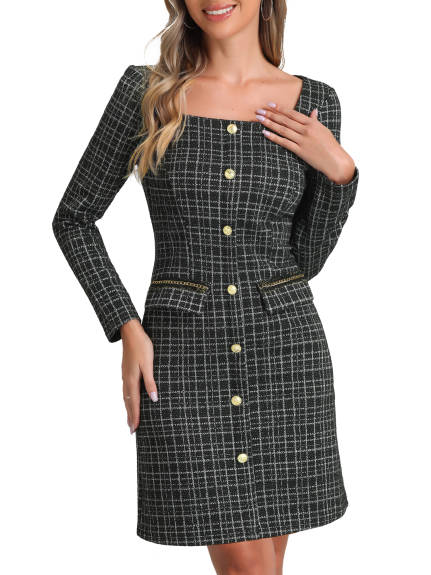 INSPIRE CHIC - Tweed Plaid Long Sleeve Sheath Dress