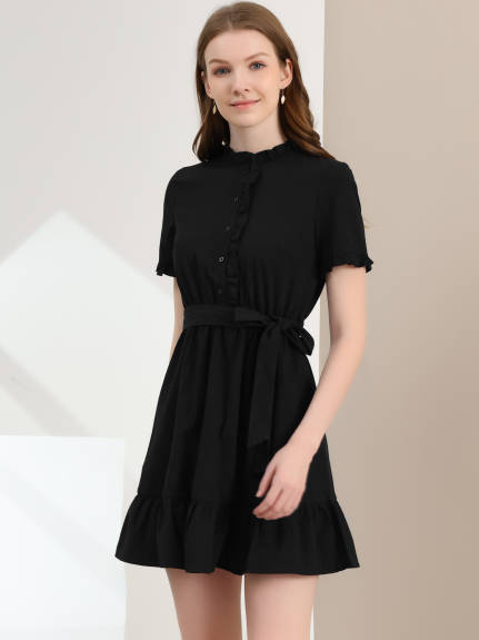 Allegra K- Cotton Fit and Flare Belted Button Front Ruffled Dress