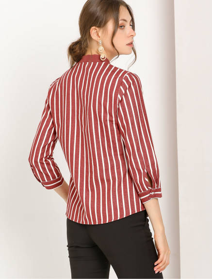 Allegra K - Tie V Neck 3/4 Sleeve Stripe Work Blouse