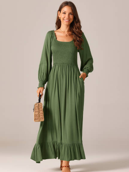 Allegra K - Scoop Neck Smocked Maxi Dress