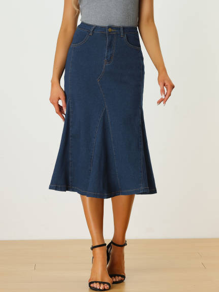 Allegra K - A-Line Flared Midi Denim Skirt