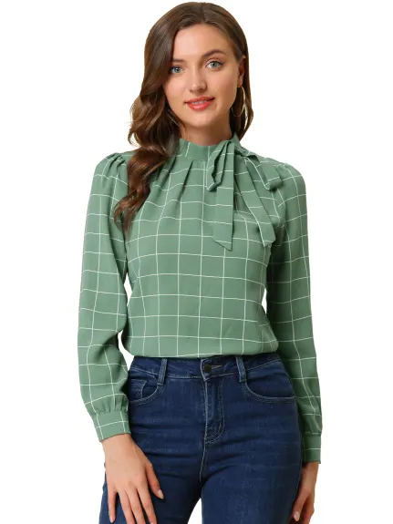 Allegra K- Bow-Tie Neck Blouse Checks Shirt