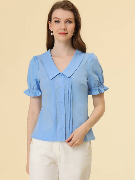 Allegra K- Lapel Pleated Short Sleeve Blouse